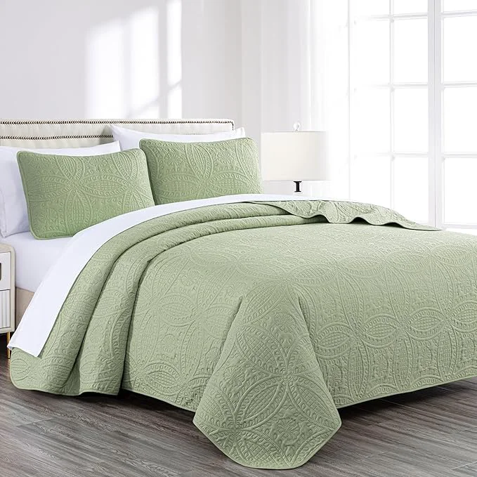 Refined Chezmoi Collection Austin 3-Piece Oversized Bedspread Coverlet Set King Sage Pack of 6 Authentic