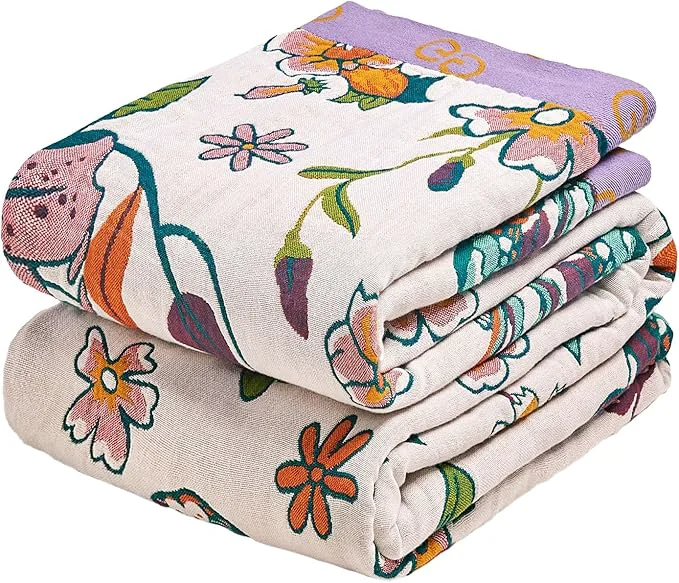 Selected MSGKV Boho Throw Blanket 90 quot x90 quot Floral Blanket for Bed Cotton Spring Breathable Lightweight Farmhouse Queen Blankets All Seasons Home Decor Muslin Quality