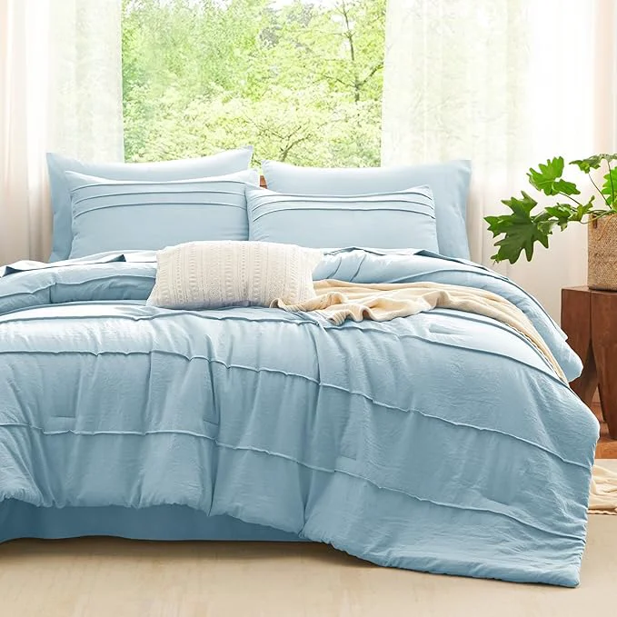 Modern CozyLux Queen Comforter Set Light Blue 7 Pieces Soft Pinch Pleat Bed in a Bag Queen Comforter Set with Sheets Boho Bed Set with Down Comforter Sheets Pillowcases amp Shams Exceptional