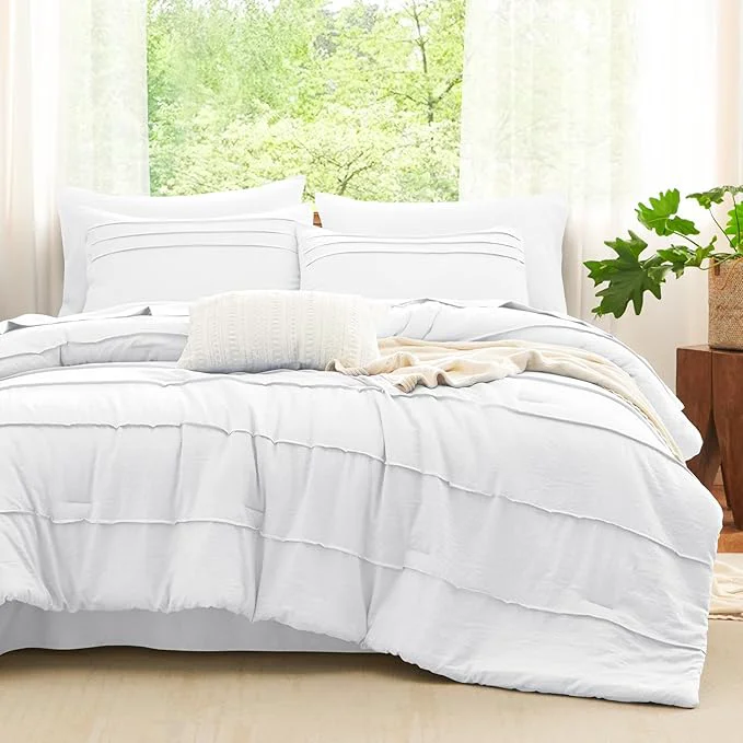 Relaxed CozyLux King Size Comforter Set White 7 Pieces Soft Pinch Pleat Bed in a Bag King Comforter Set with Sheets Boho Bed Set with Down Comforter Sheets Pillowcases amp Shams High-Performance