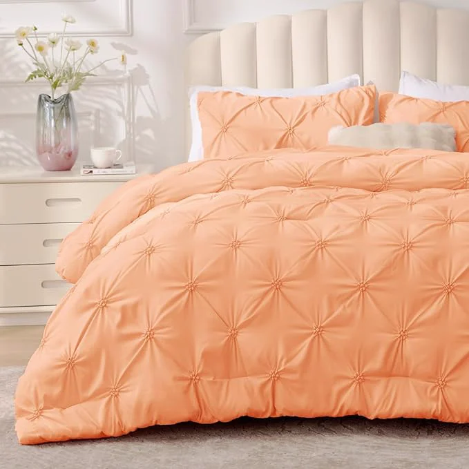 Enhanced BEDELITE Apricot Queen Comforter Set – 3 Pieces Boho Pintuck Bedding Comforter Sets Lightweight Soft amp Warm Bed Comforter Queen with 2 Pillowcases for All Season Versatile