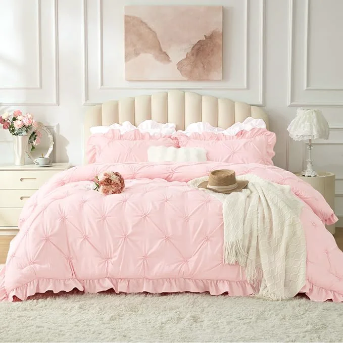Consistent BEDELITE Baby Pink Comforter Set Queen – 3 Pieces Boho Ruffle Pintuck Bedding Comforter Sets Lightweight Soft amp Warm Bed Comforter with 2 Pillowcases for Spring Valentines Day Gift Original Design