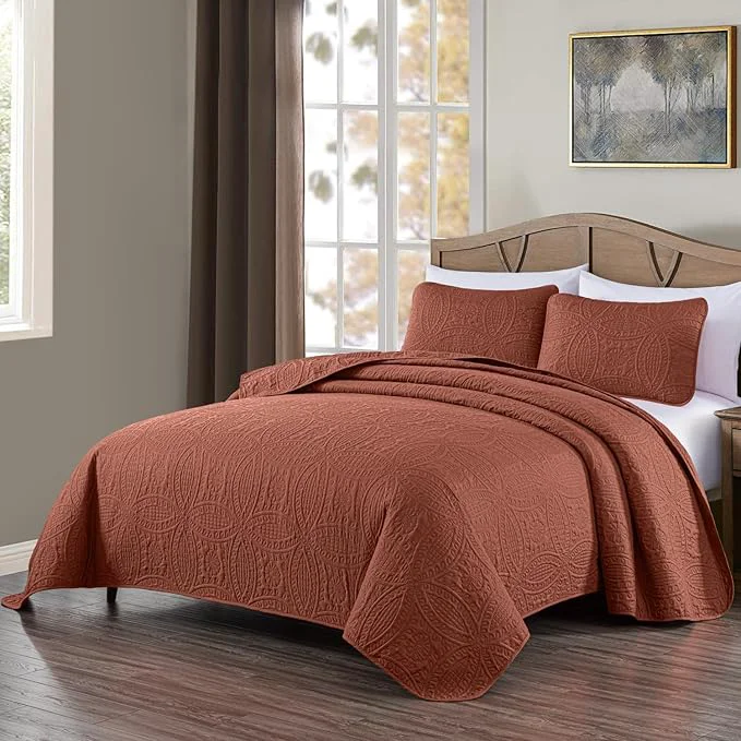 Easy-to-Use Chezmoi Collection Austin Queen Bedspread Set 3-Piece Pinsonic Quilted Oversized Bedspread Coverlet Set Queen Terracotta Oversized Lightweight Fade Resistant Sophisticated
