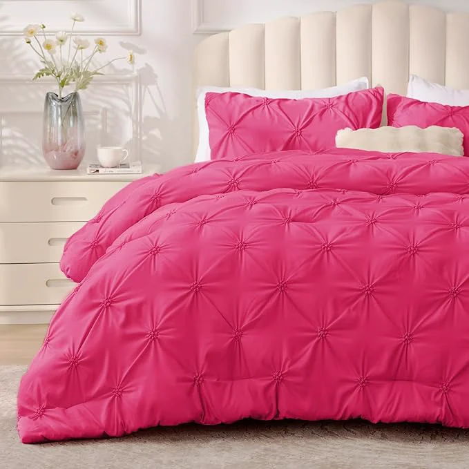 Recyclable BEDELITE Hot Pink King Size Comforter Set – 3 Pieces Boho Pintuck Bedding Comforter Sets Lightweight Soft amp Warm King Bedding Set with 2 Pillowcases for All Season Classic