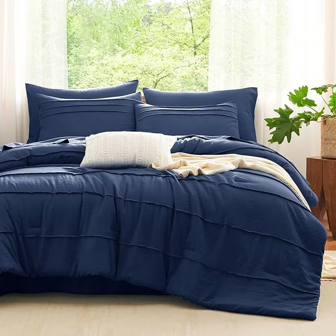 Specialty CozyLux Full Size Comforter Sets Navy Blue 7 Pieces Soft Pinch Pleat Bed in a Bag Full Comforter Set with Sheets Boho Bed Set with Down Comforter Sheets Pillowcases amp Shams Flexible