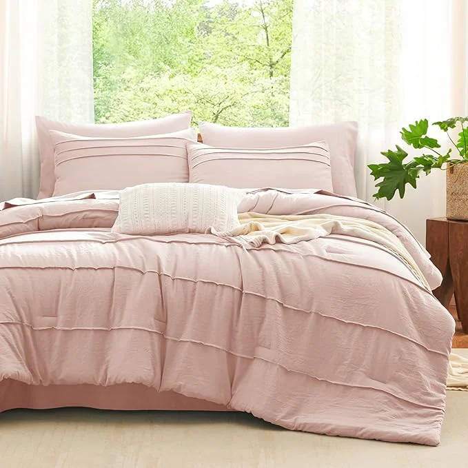 Verified CozyLux Queen Comforter Set Pink 7 Pieces Soft Pinch Pleat Bed in a Bag Queen Comforter Set with Sheets Boho Bed Set with Down Comforter Sheets Pillowcases amp Shams Next-Generation