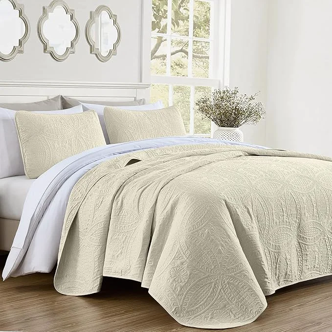 Practical Chezmoi Collection Austin 3-piece Oversized Bedspread Coverlet Set Queen Ivory Oversized Lightweight Fade Resistant Luxury
