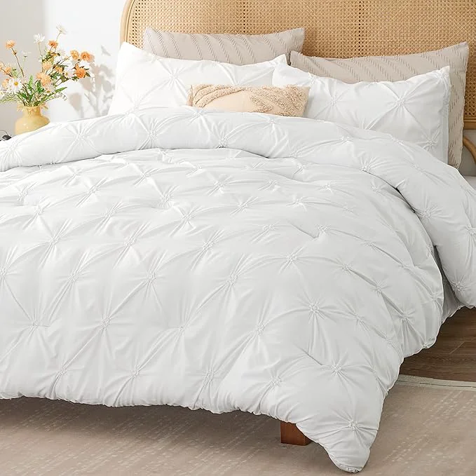 Pure BEDELITE White King Size Comforter Set – 3 Pieces Boho Pintuck Bedding Comforter Sets Lightweight Soft amp Warm King Bedding Set with 2 Pillowcases for All Season Original Design