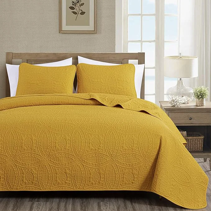 Healthy Chezmoi Collection Austin Queen Bedspread Set 3-Piece Pinsonic Quilted Oversized Bedspread Coverlet Set Queen Mustard Oversized Lightweight Fade Resistant Official