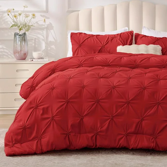 Proven BEDELITE Red Queen Comforter Set – 3 Pieces Boho Pintuck Bedding Comforter Sets Lightweight Soft amp Warm Bed Comforter Queen with 2 Pillowcases for All Season Original