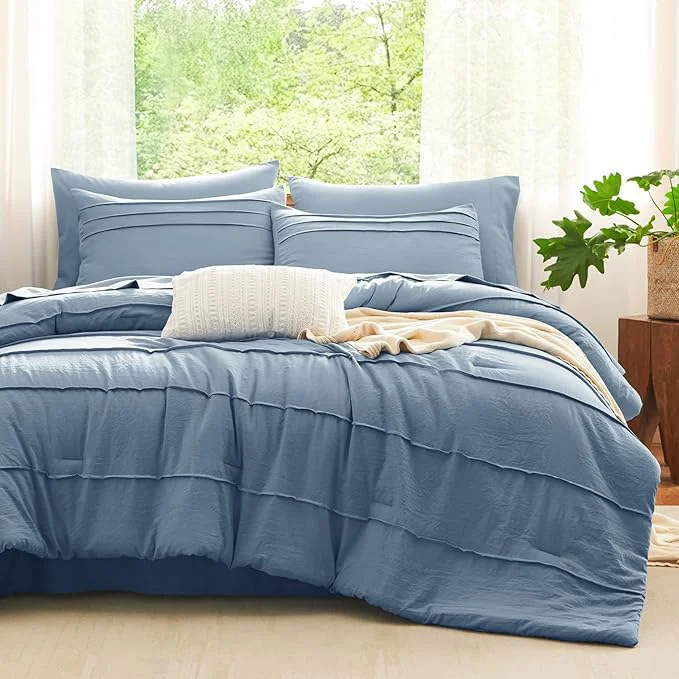 Next-Generation CozyLux Full Size Comforter Set Grayish Blue 7 Pieces Soft Pinch Pleat Bed in a Bag Full Comforter Set with Sheets Boho Bed Set with Down Comforter Sheets Pillowcases amp Shams Safe