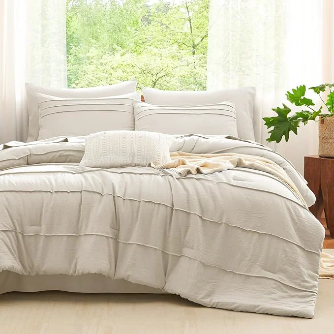 Certified CozyLux Queen Comforter Set Beige 7 Pieces Soft Pinch Pleat Bed in a Bag Queen Comforter Set with Sheets Boho Bed Set with Down Comforter Sheets Pillowcases amp Shams Natural