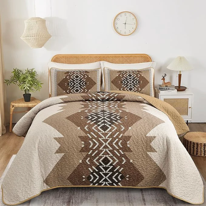 Smart Dintszyayue Bohemian Quilt Set King Size 3 Pieces Aztec Texture Bedding Coverlet Set Brown Boho Bedspread Coverlet Set Geometric Pattern Lightweight Quilt Bedding Set for All Season Brown 90 quot x103 quot Natural