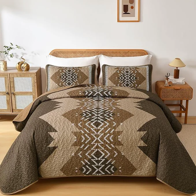 Functional Dintszyayue Brown Quilt Set King Size Boho Aztec Texture Bedspread Coverlet Set 3 Piece Soft Lightweight Bedding Set Geometric Bohemian Bedspread with 2 Pillowcases Dark Brown 90 quot x103 quot Flexible