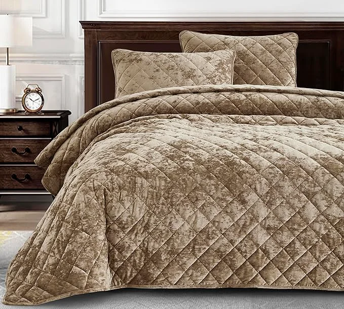 Comfortable Chezmoi Collection Lux Tan Velvet Quilt Oversized King Set 3-Piece Plush Distressed Velvet Bedding All Season Lightweight Comforter Brushed Microfiber Reverse with Diamond Stitch Quilting Advanced