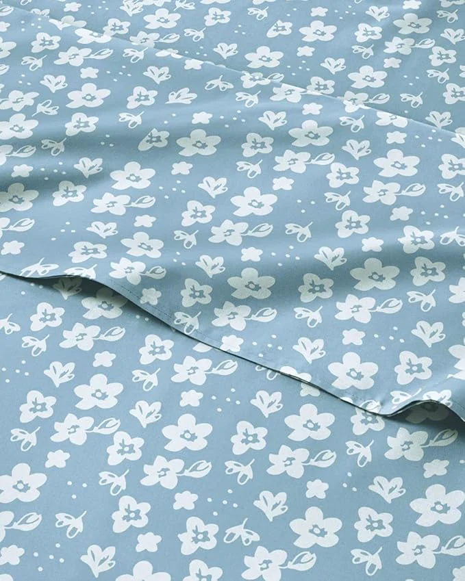 Solid Floral Sheets – Blue Floral Bed Sheet Set – 1 Flat 2 Fitted amp 2 Pillowcases w Deep Pockets – Wrinkle amp Fade – Boho Botanical Bedding – Ultra-Soft Breathable and Cooling – Split King Size Set Expertly Made