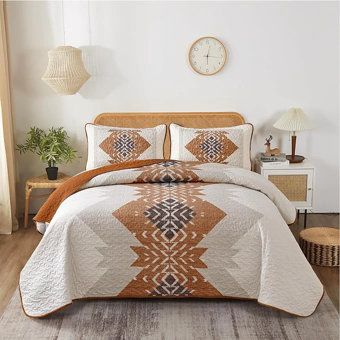 Smooth Dintszyayue Boho Quilt Set King Size 3 Pieces Aztec Texture Bedspread Coverlet Set Bohemian Quilt Bedding Set Microfiber Lightweight Bed Cover for All Seasons Terracotta 90 quot ×103 quot Classic