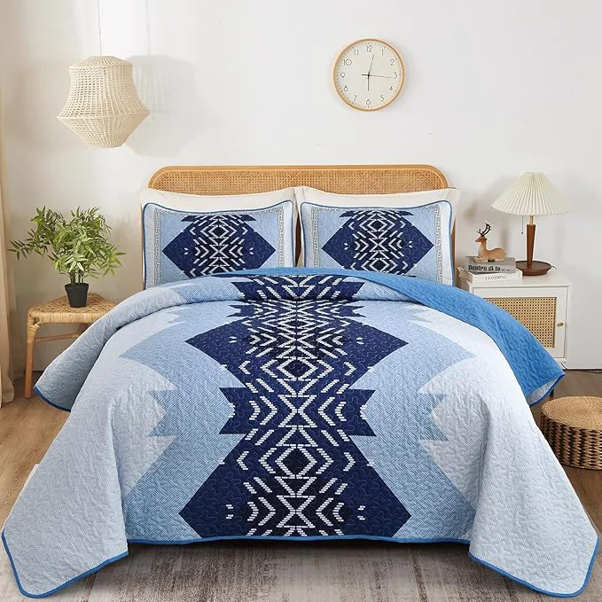 Modern Dintszyayue Blue Quilt Set Queen Size 3 Pieces Aztec Texture Bedding Coverlet Set Boho Bedspread Geometric Pattern Quilt Bedding Set Reversiber Microfiber Quilt Bed Spread for All Season Blue 90 quot x96 quot Outstanding