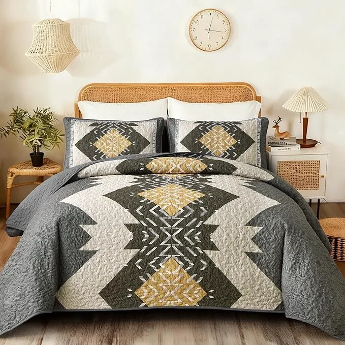 World-Class Dintszyayue Grey Boho Quilt Set Queen Aztec Western Quilt Bedspread Set 3 Pieces Texture Bedspread Southwestern Bedding Set Soft Lightweight Coverlet Set for All Season with 2 Pillowcases