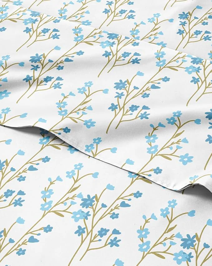 High-Grade Floral Sheets – Blue Floral Bed Sheet Set – 1 Flat 1 Fitted amp 2 Pillowcases w Deep Pockets – Comfy Wrinkle amp Fade – Boho Botanical Bedding – Ultra-Soft Breathable amp Cooling – Queen Size Set Modern