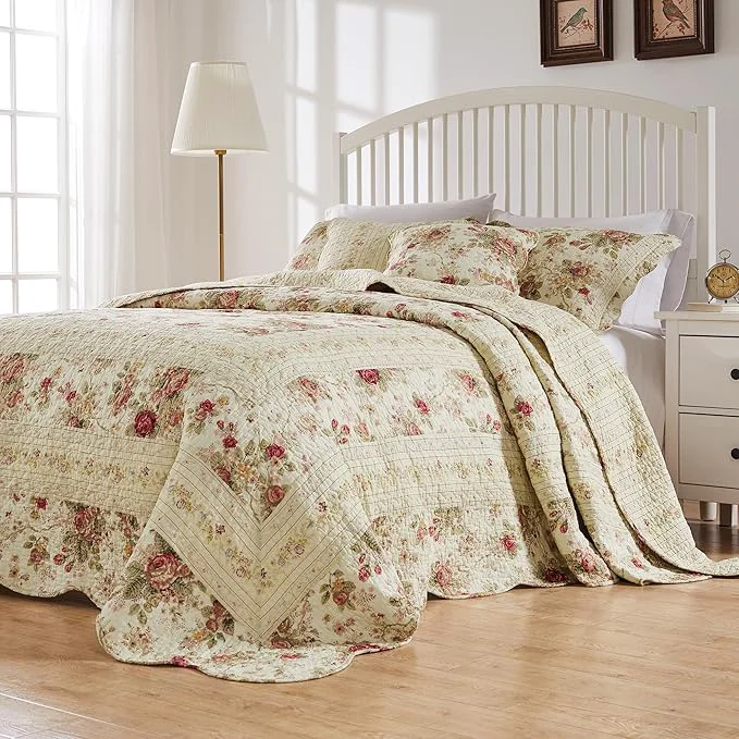 Modern Greenland Home Antique Rose Jumbo Oversized Cotton Bedding Set Bedspread 120 W x 118 L with 2 Shams 20 W x 26 L Each King 3 Piece Ecru Quality