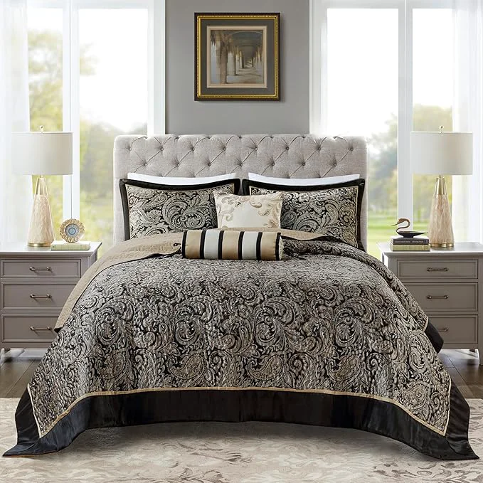 Advanced Madison Park Aubrey Reversible Quilted Bedspread Set Solid Reverse Summer Breathable Lightweight All Season Bedding Layer Matching Shams Bedspread Queen 102 quot x118 quot Black 5 Piece Clean