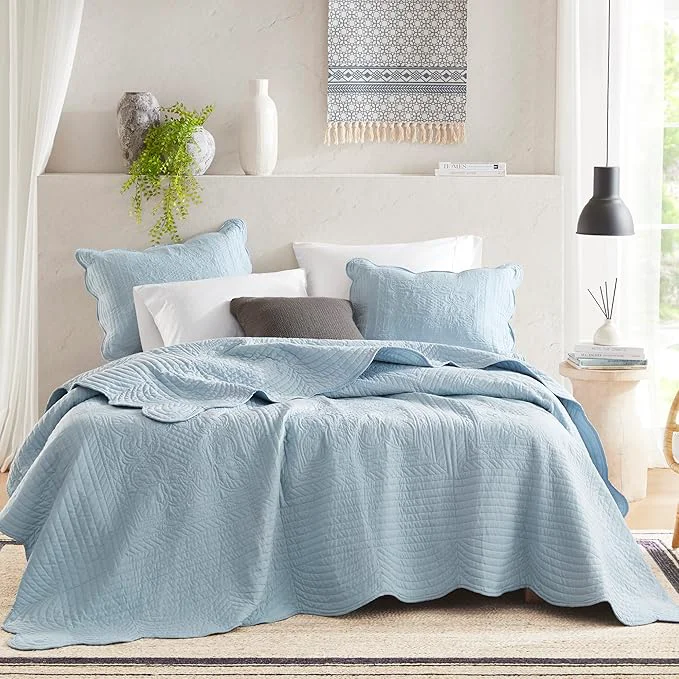 Durable Madison Park Queen Quilt Set Damask Coverlet Set for Queen Size Bed Cottage Oversized Quilt Set Scallop Edge All Season Pre-Washed Cotton-Filled Queen Size Quilt Tuscany Full Queen Blue 3 Piece World-Class