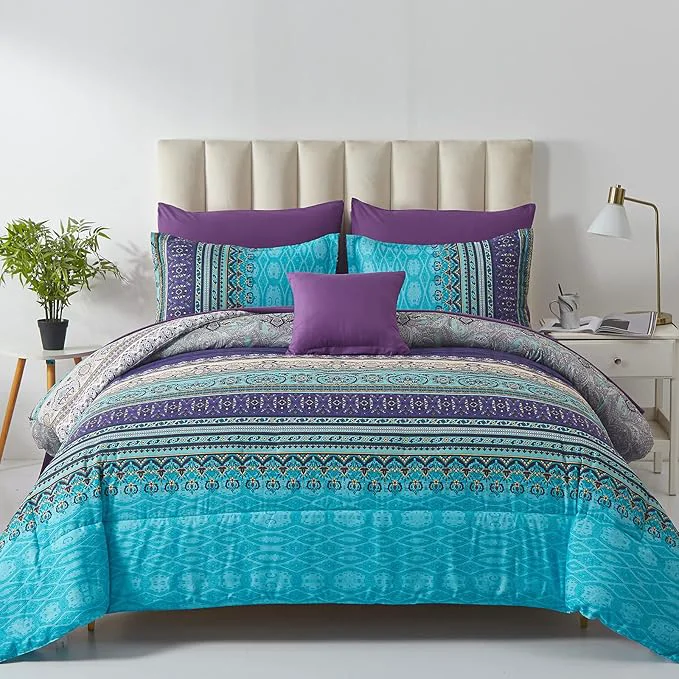 Smooth Cottolester Boho Comforter Set Full Size 8 Piece Bed in a Bag Bohemian Striped Bedding Quilt Set Aqua Paisley Floral Comforter and Sheet Set Soft Microfiber Complete Bedding Sets for All Season Official
