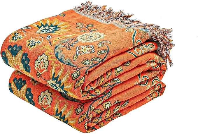 World-Class Boho Throw Blanket Cotton Ultra Soft Luxury Throw Rustic Quilt 50 quot x60 quot Floral Printed Farmhouse Decor Bed Summer Blankets All Season Rustic Reversible Bohemian Throw for Bed Orange Solid