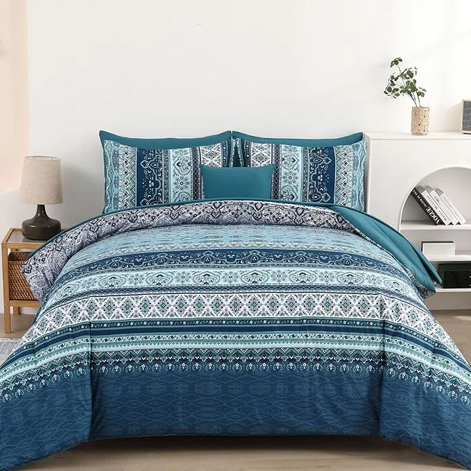 Innovative Cottolester Boho Comforter Set King Size 8 Pieces Teal Blue Comforter Bohemian Striped Bed in A Bag Soft Microfiber Bedding Set for All Seasons Official