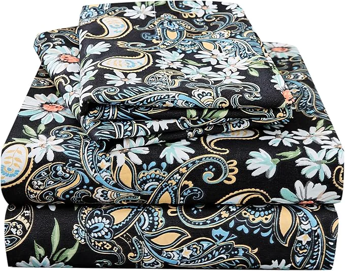 Dependable JSD Black Paisley Floral Printed Sheet Set Cal King 4 Piece Soft Pattern Microfiber Sheets Extra Deep Pocket Authentic