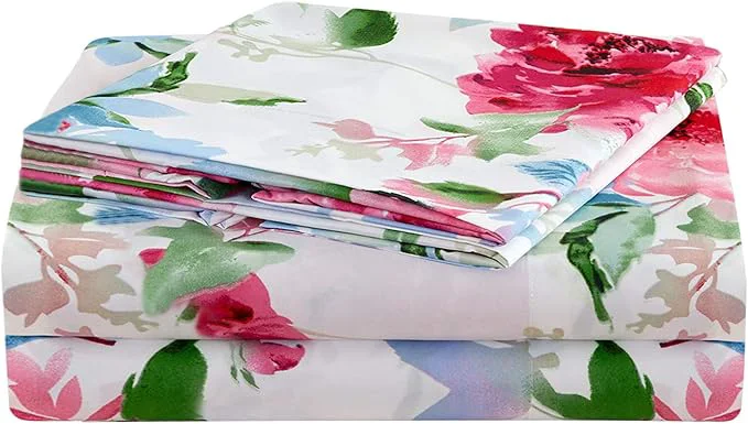 Long-Lasting JSD Watercolor Rose Floral Sheet Set King Size 4 Piece Soft Printed Microfiber Sheets Extra Deep Pocket