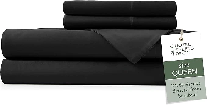 Responsible Hotel Sheets Direct 4 Piece Bed Sheet Set Queen Size Viscose Derived from Bamboo Sheets Set with 2 Pillowcases Cooling amp Breathable Luxury Bedding Moisture-Wicking amp Silky Soft Texture Black Easy-to-Use