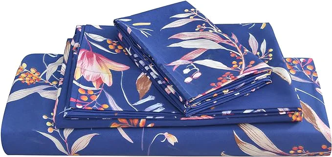 High-Quality JSD Navy Floral Sheet Set King Size 4 Piece Soft Printed Microfiber Sheets Extra Deep Pocket Sophisticated