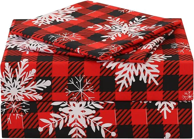 Fine JSD Red Buffalo Plaid Snowflakes Christmas Sheet Set Cal King 4 Piece Holiday Winter Microfiber Bedding Sheets Extra Deep Pocket Outstanding