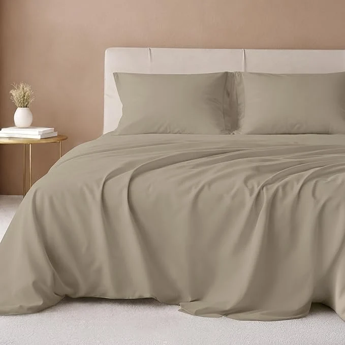 Safe California Design Den Luxury Twin Sheet Set – Cotton 600 Thread Count Deep Pocket Twin Sheets Soft Hotel-Quality Bedding with Sateen Weave Cool Taupe Natural