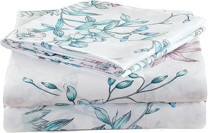 Dependable JSD White Blue Floral Printed Sheet Set Cal King 4 Piece Botanical Microfiber Sheets Extra Deep Pocket Premium