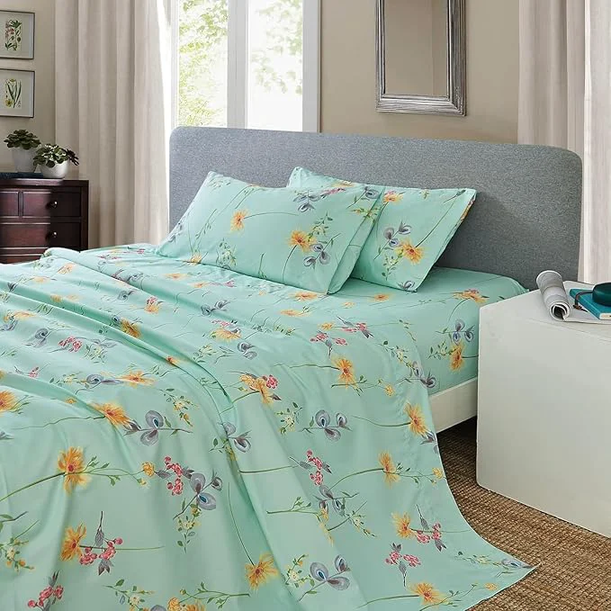 Smooth JSD Green Floral Printed Sheet Set Full Size 4 Piece Soft Botanical Microfiber Sheets Extra Deep Pocket Pure