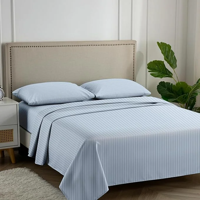 Pure Carressa Linen Luxury Egyptian Cotton Full Stripe Sheet Set – 600 Thread Count Extra Long Staple 4 PC Set Light Blue Full Damask Sheets Soft Cooling Sateen Weave Sheets Upto 18 in Deep Pocket Responsible