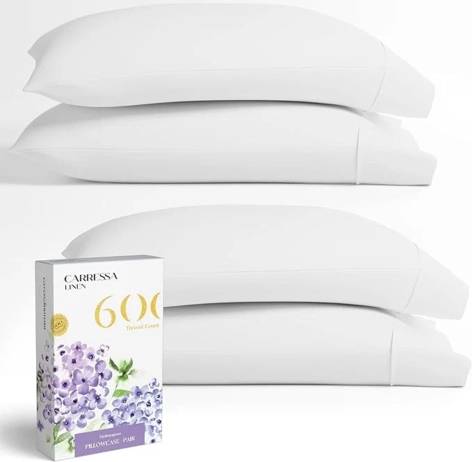 Innovative Carressa Linen Egyptian Cotton King Size Pillow Cases Set of 4 – Luxury 600 Thread Count White King Pillowcases Silky Soft Cooling Breathable Sateen Weave Hotel Quality Bed Pillow Cover Convenient