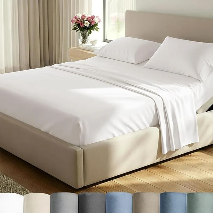Versatile California Design Den Split King Sheet Set – Cotton Luxuriously Soft 600 Thread Count Sateen King Size Sheets for Adjustable Bed – True Ivory Relaxed