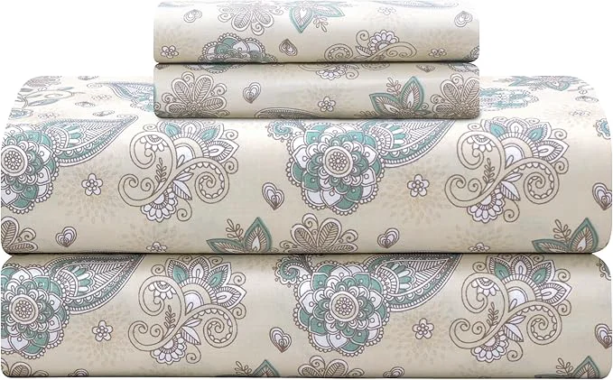 Feather amp Stitch Softest Cotton Sheets 300 Thread Count Percale Weave Bedding 16 quot Deep Pocket Cooling Sheets Breathable Bed Set Hotel Premium Quality Full Beige Paisley Green