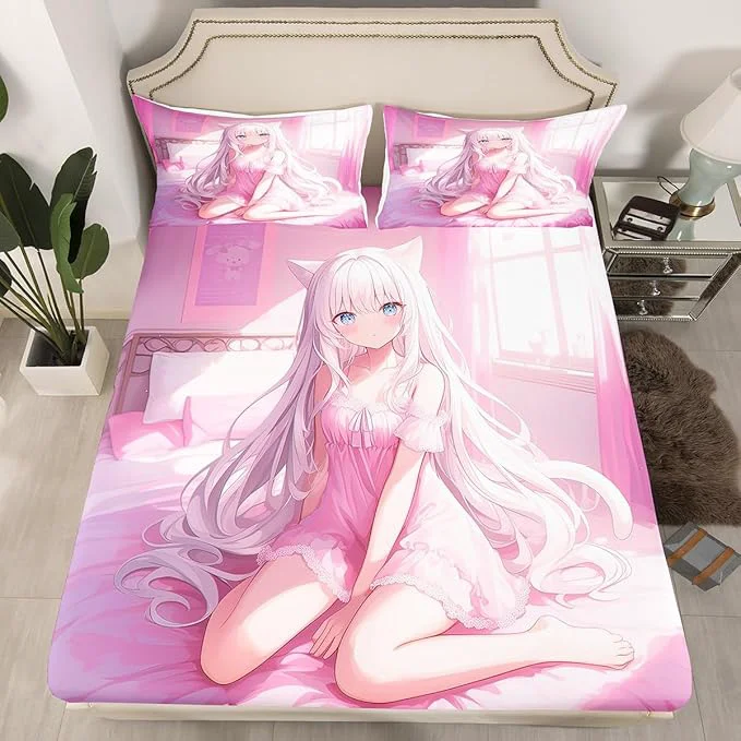 Safe Erosebridal Queen Size Japanese Anime Fitted Sheet for Kids Anime Girl Bedding Set Kawaii Japanese Style Bed Sheets Cartoon Japan Animation Bed Set for Boys Teen Adult Women Bedroom Pink Specialty