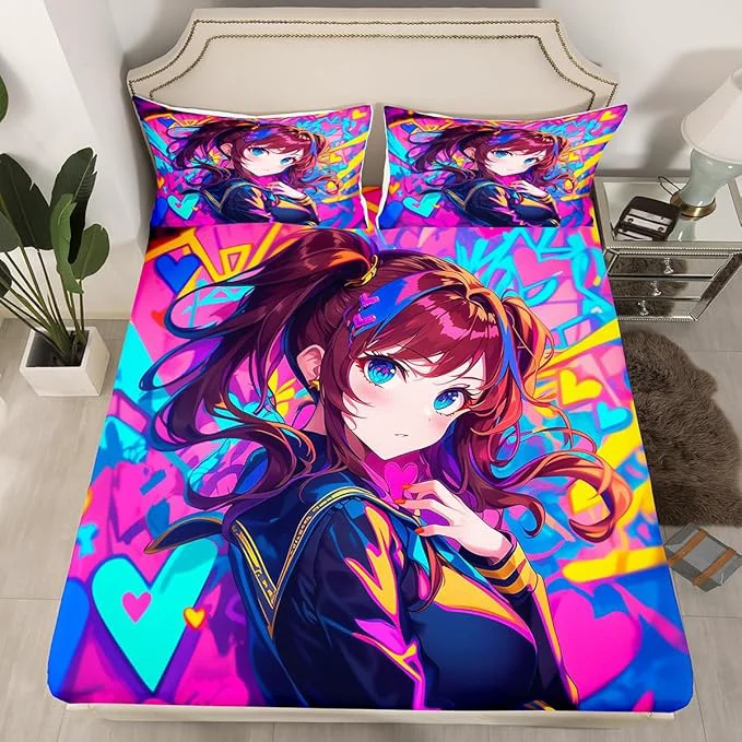 Healthy Erosebridal Anime Girl Queen Fitted Sheet Japanese Anime Bed Sheets for Kids Girls Teens Adult Bedroom Cartoon Girl Bedding Set Kawaii Japanese Animation Sheets 3 Piece Purple Authentic