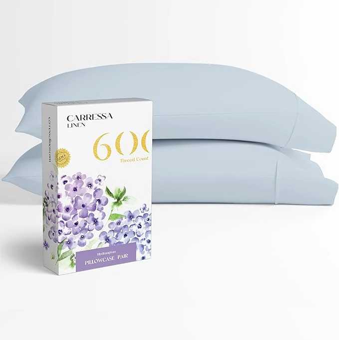 Classic Carressa Linen Egyptian Cotton Pillow Cases Queen Size Set of 2 – Luxury 600 Thread Count Light Blue Standard Queen Size Pillowcases Silky Soft Cooling Sateen Weave Hotel Quality Pillow Cover Lightweight
