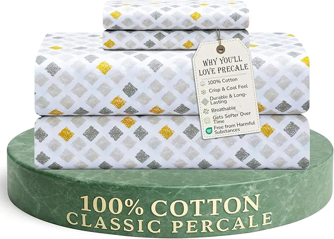 Eco-Friendly Feather amp Stitch Softest Cotton Sheets 300 Thread Count Percale Weave Bedding 16 quot Deep Pocket Cooling Sheets Breathable Bed Set Hotel Premium Quality Queen Yellow Diamond Elegant