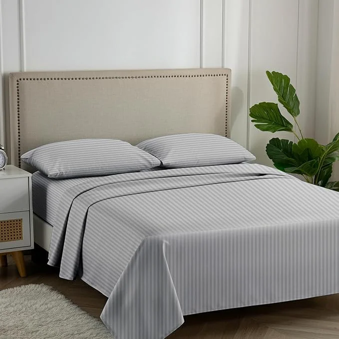 Trusted Carressa Linen Luxury Egyptian Cotton King Stripe Sheet Set 600 Thread Count Extra Long Staple 4 PC Set King Damask Sheets Soft Cooling Sateen Weave Striped Sheets Upto 18 quot Deep Pocket – Silver Premium