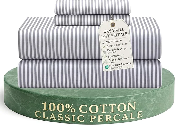 Feather amp Stitch Softest Cotton Sheets 300 Thread Count Percale Weave Bedding 16 quot Deep Pocket Cooling Sheets Breathable Bed Set Hotel Premium Quality Full Grey Stripe Original