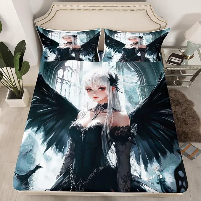 Artisan Erosebridal Anime Girl Bed Sheets Queen Size Kawaii Japanese Anime Fitted Sheet for Kids Boys Teens Adult Cartoon Girl Bedding Set Japan Animation Bedroom Machine Washable Black White Verified