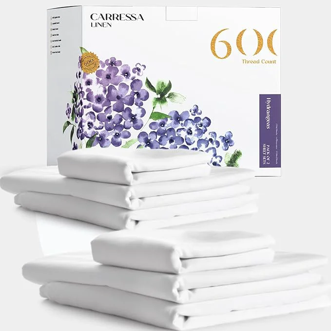 Premium Carressa Linen Egyptian Cotton Queen Sheet Set – 600 Thread Count Egyptian Cotton Queen Sheets Set 8 PC Crisp White Ultra Soft Cooling 16 quot Deep Pocket Sateen Weave Luxury Hotel Bed Sheet Smooth